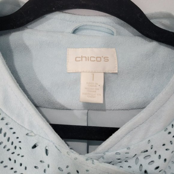 Chico's Women's Biker Jacket Color Light Blue Laser cut details Sz 1 - Picture 6 of 8